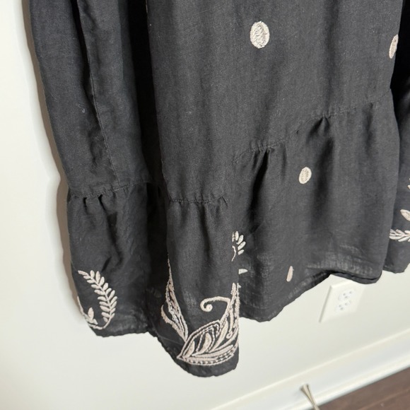 Johnny Was Black Linen Embroidered Frankie Tiered Field Dress Bird Boho Large - Picture 12 of 15